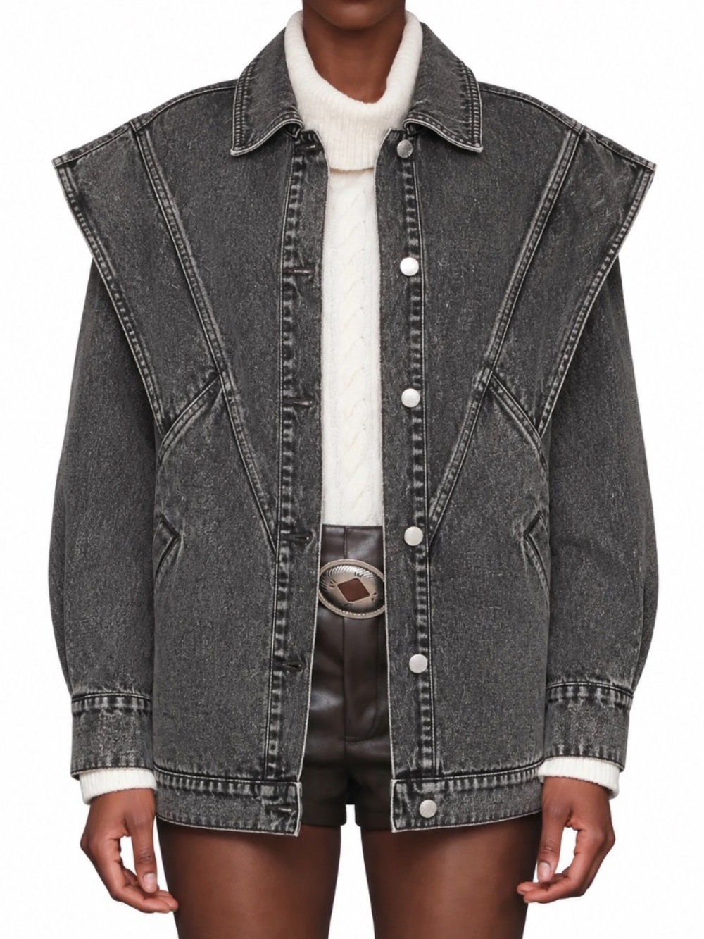 Avec Les Filles XL Extended Shoulder Panel Oversized Washed Grey Denim Jacket